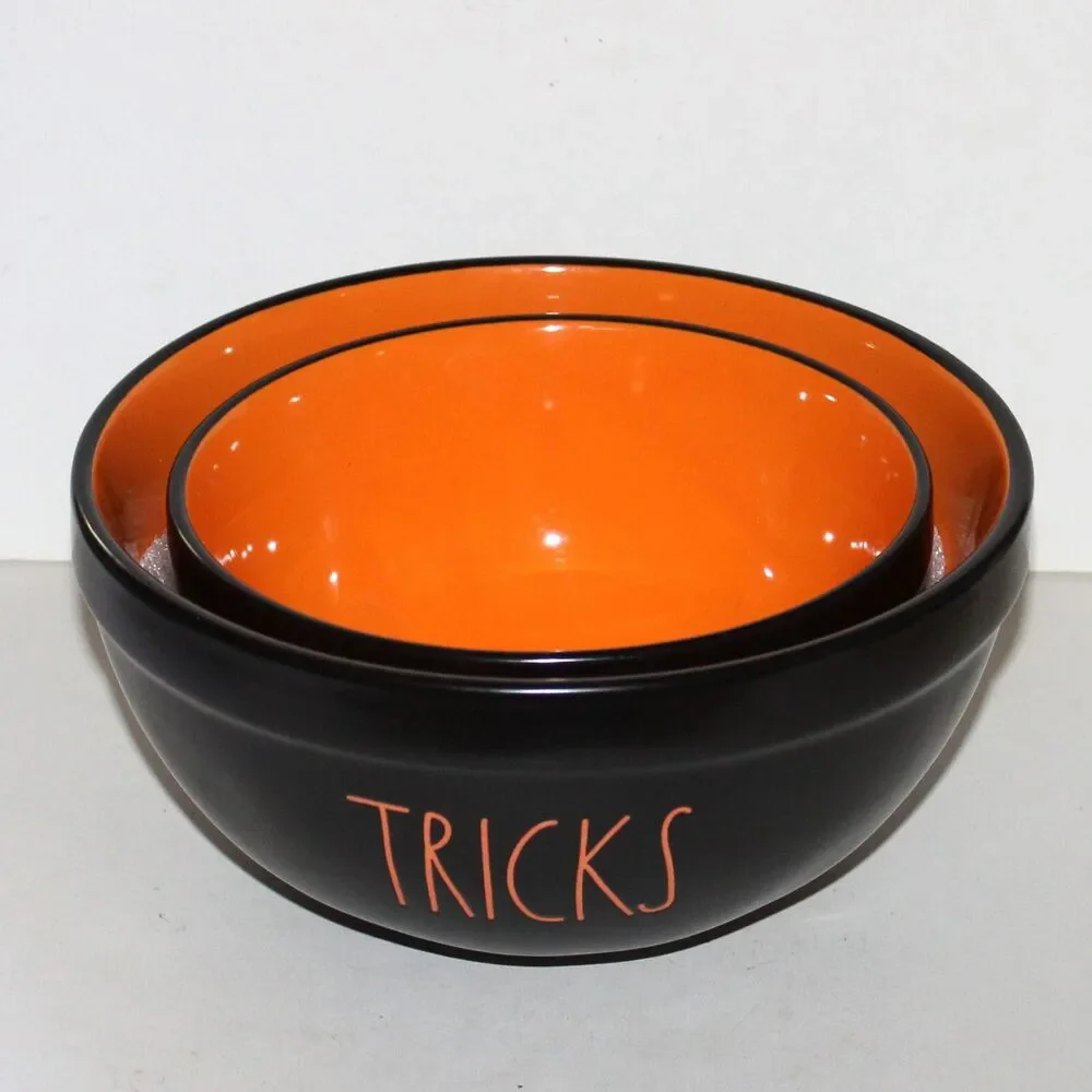 Set 2 Rae Dunn Magenta Halloween candy Bowls Tricks Treats ceramic black orange